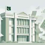 Flat editorial illustration of a green and white government finance building flying the Pakistani flag, surrounded by floating tax documents, a calculator and rising bar charts symbolising tax reform and revenue growth.