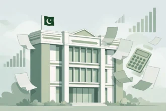 Flat editorial illustration of a green and white government finance building flying the Pakistani flag, surrounded by floating tax documents, a calculator and rising bar charts symbolising tax reform and revenue growth.