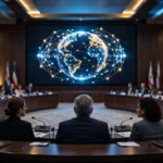 Editorial illustration of an international summit conference hall with rows of national flags and a large screen showing a globe network graphic, October 2026