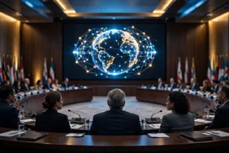 Editorial illustration of an international summit conference hall with rows of national flags and a large screen showing a globe network graphic, October 2026