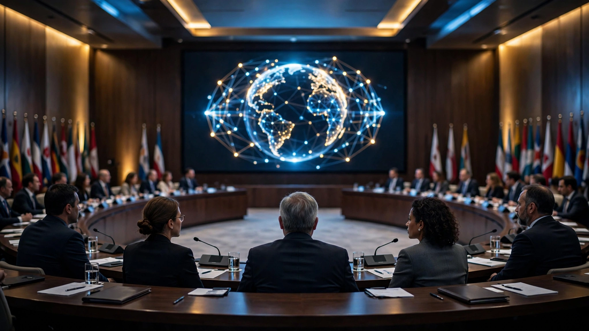 Editorial illustration of an international summit conference hall with rows of national flags and a large screen showing a globe network graphic, October 2026
