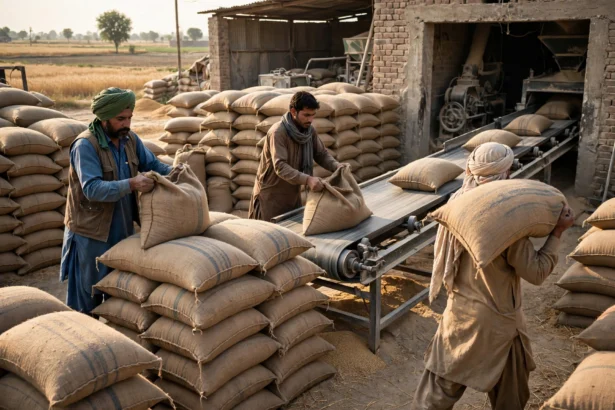 Workers loading wheat and flour sacks at a Punjab flour mill as Rs10 billion flour subsidy is approved October 2026