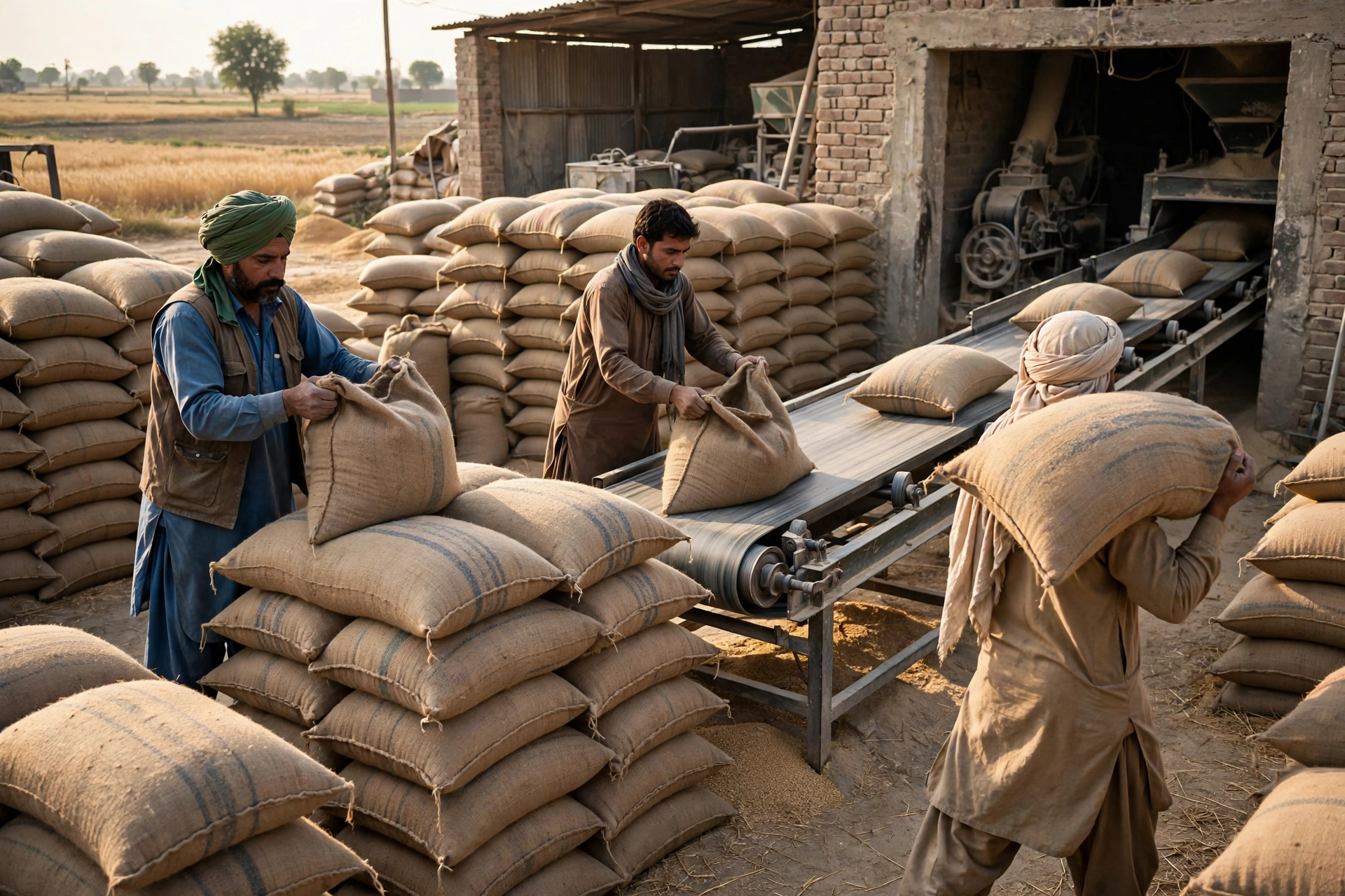 Workers loading wheat and flour sacks at a Punjab flour mill as Rs10 billion flour subsidy is approved October 2026