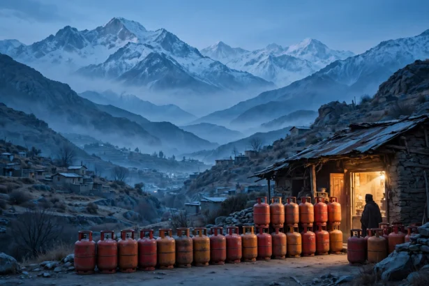 AI-generated editorial illustration of rows of red and orange LPG gas cylinders stacked outside a stone shop in a mountain town of northern Pakistan at dusk, with snow-capped peaks in the background.