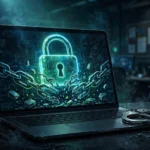 Editorial illustration of a laptop showing a glowing green padlock with broken digital chains, a pair of handcuffs resting beside the keyboard, in dark blue cyber-security tones.