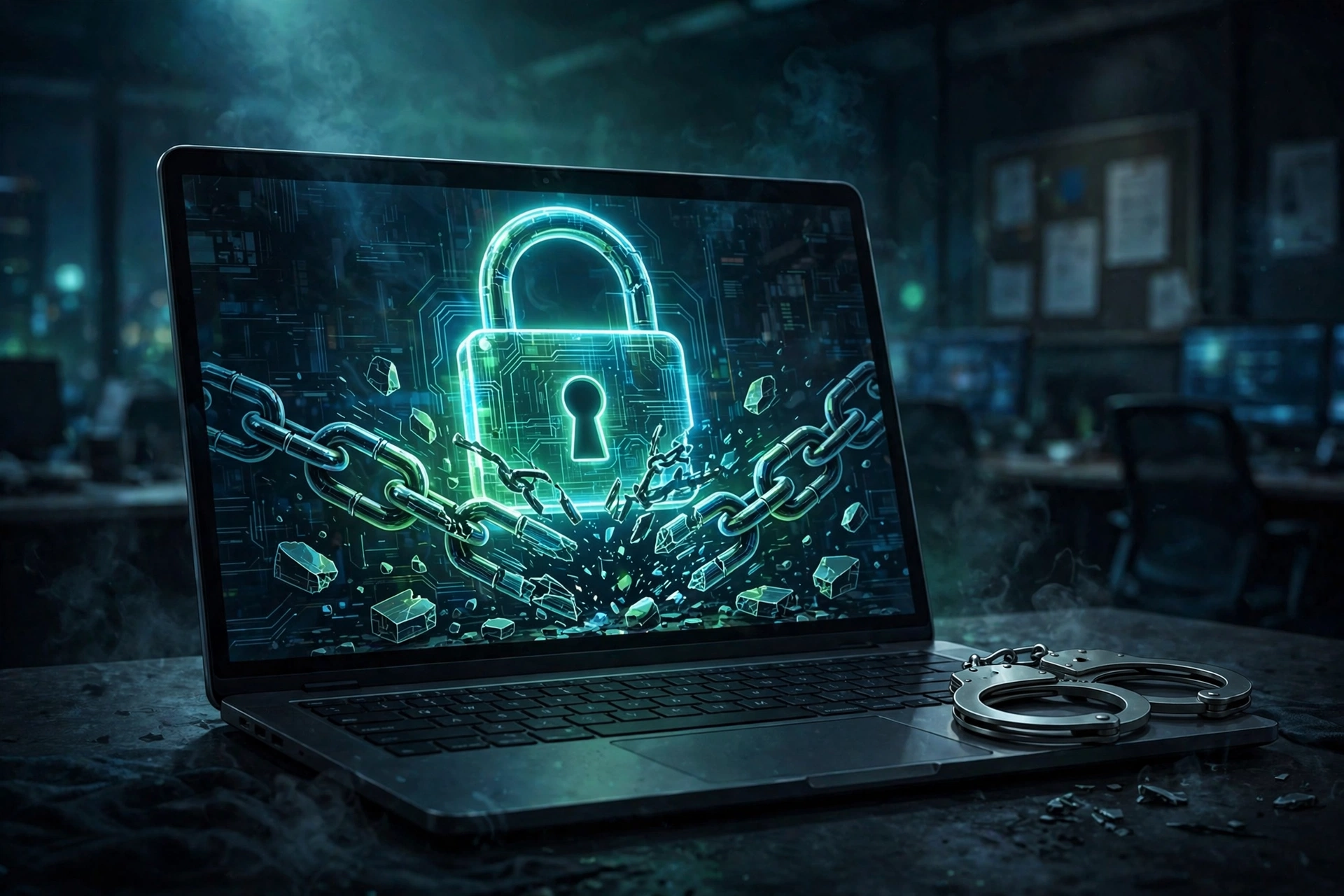 Editorial illustration of a laptop showing a glowing green padlock with broken digital chains, a pair of handcuffs resting beside the keyboard, in dark blue cyber-security tones.