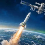 An editorial illustration of a rocket launching toward a space station module above the Earth at dawn, with stars and green-and-white accents, October 2026