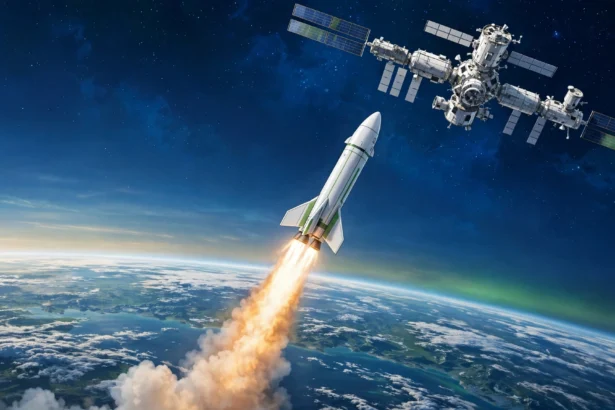 An editorial illustration of a rocket launching toward a space station module above the Earth at dawn, with stars and green-and-white accents, October 2026