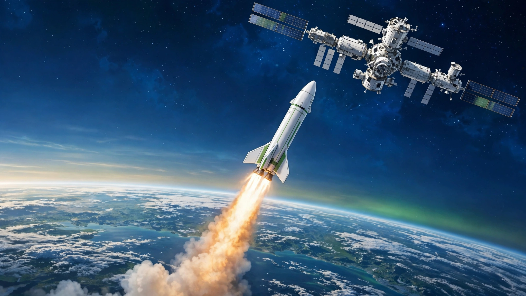 An editorial illustration of a rocket launching toward a space station module above the Earth at dawn, with stars and green-and-white accents, October 2026