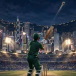 Cricket batsman in a dark green Pakistan kit seen from behind hitting a six into the night sky at a floodlit Hong Kong ground with city buildings behind