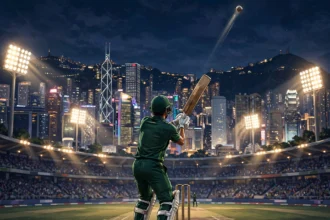 Cricket batsman in a dark green Pakistan kit seen from behind hitting a six into the night sky at a floodlit Hong Kong ground with city buildings behind