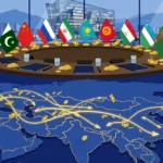 Editorial illustration of a diplomatic summit round table with the flags of Pakistan, China, Russia, Iran and Central Asian states, a modern glass bank building behind it, and a stylised map of Eurasia with golden arrows showing money flowing between countries.