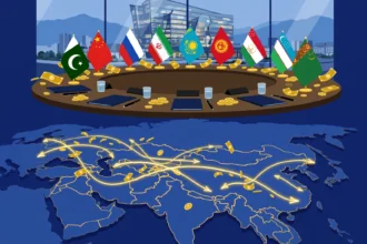 Editorial illustration of a diplomatic summit round table with the flags of Pakistan, China, Russia, Iran and Central Asian states, a modern glass bank building behind it, and a stylised map of Eurasia with golden arrows showing money flowing between countries.
