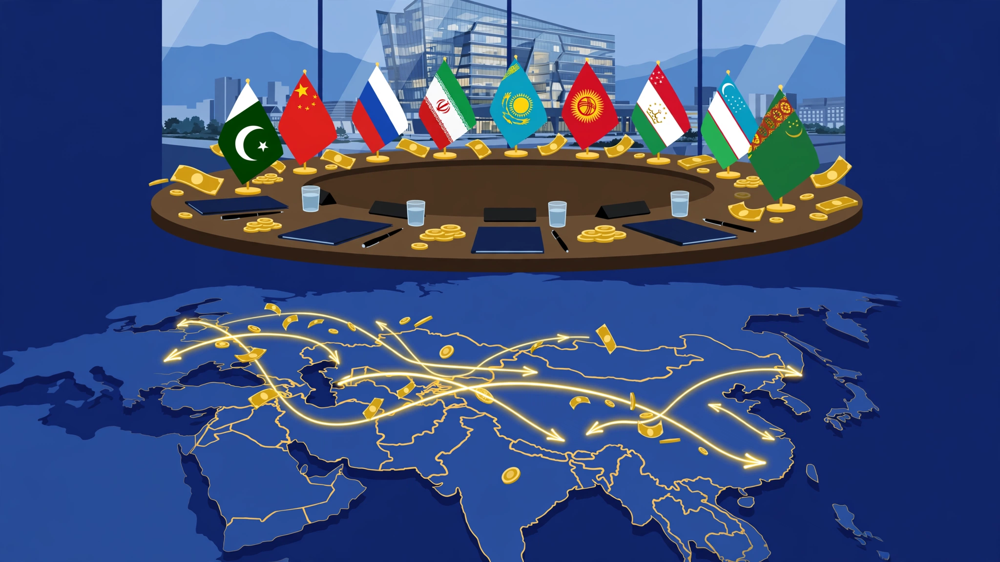 Editorial illustration of a diplomatic summit round table with the flags of Pakistan, China, Russia, Iran and Central Asian states, a modern glass bank building behind it, and a stylised map of Eurasia with golden arrows showing money flowing between countries.
