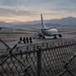 Editorial illustration of a charter plane on a runway at dusk seen through a chain-link fence, with silhouetted travellers carrying suitcases walking toward it and mountains behind