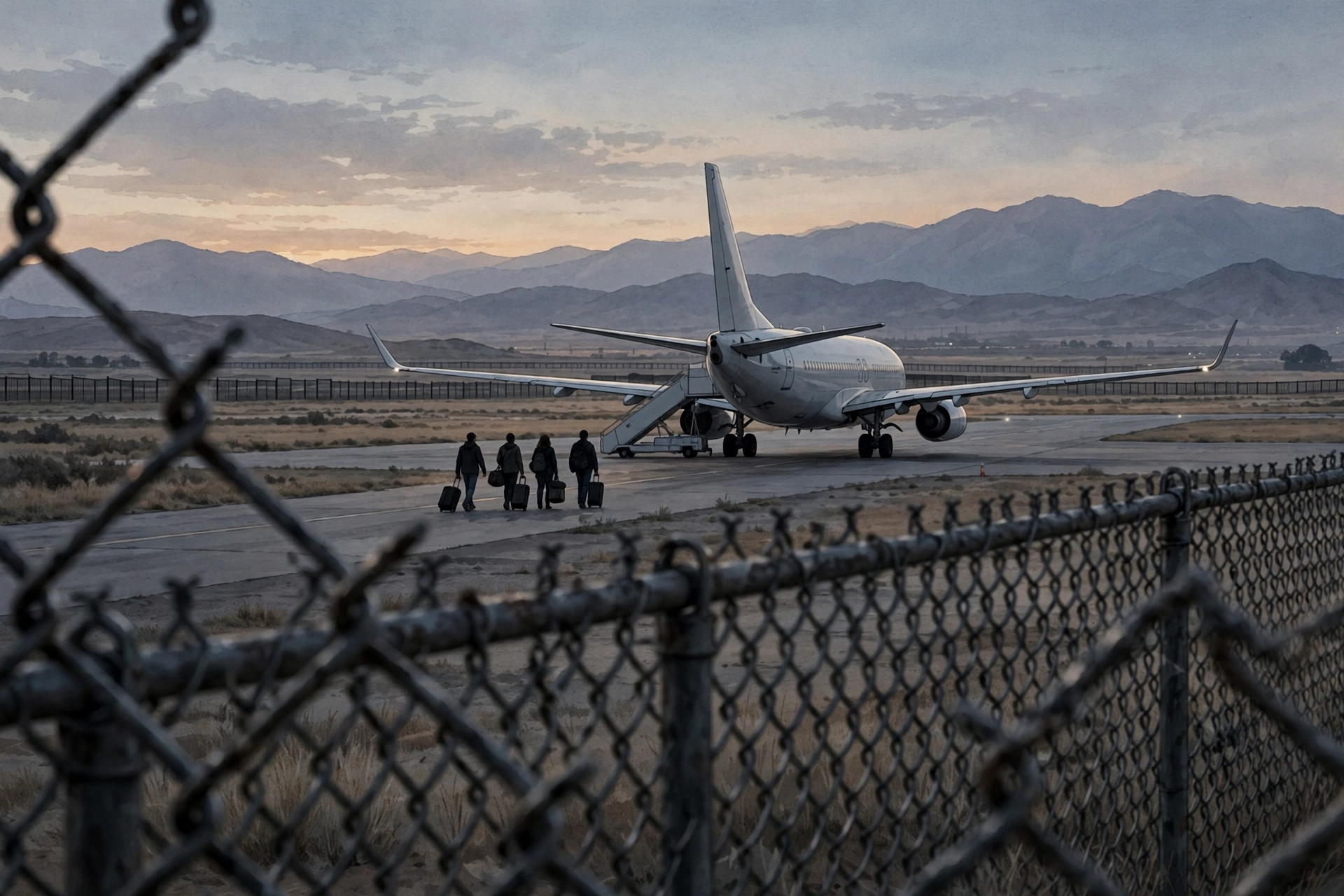 Editorial illustration of a charter plane on a runway at dusk seen through a chain-link fence, with silhouetted travellers carrying suitcases walking toward it and mountains behind