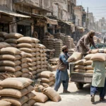 Wheat flour sacks stacked at a Karachi wholesale market