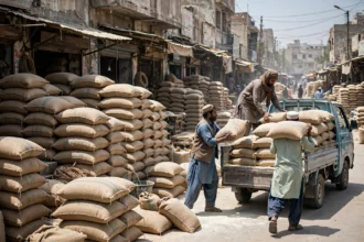 Wheat flour sacks stacked at a Karachi wholesale market