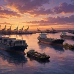 Large container and cargo ships at anchor near a deep-sea port at dusk, with fuel bunker barges alongside, October 2026