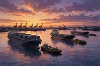 Large container and cargo ships at anchor near a deep-sea port at dusk, with fuel bunker barges alongside, October 2026