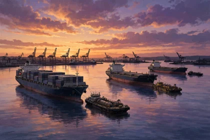 Large container and cargo ships at anchor near a deep-sea port at dusk, with fuel bunker barges alongside, October 2026