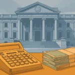 An editorial illustration of a Pakistani tax office building with a calculator and stacks of rupee banknotes