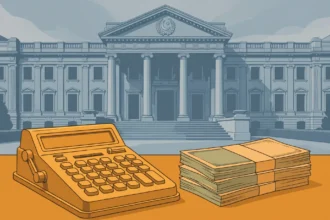 An editorial illustration of a Pakistani tax office building with a calculator and stacks of rupee banknotes