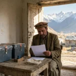 Ballot boxes arranged at a polling station in Gilgit-Baltistan with snow-capped Karakoram mountains in the background, as the region prepares for its first local government elections in over two decades