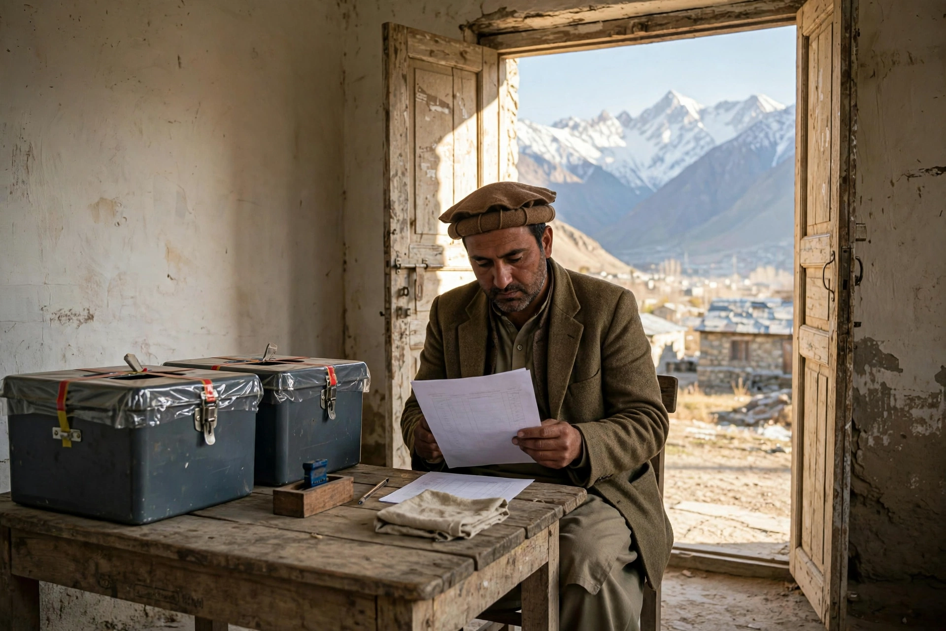 Ballot boxes arranged at a polling station in Gilgit-Baltistan with snow-capped Karakoram mountains in the background, as the region prepares for its first local government elections in over two decades