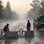 Police personnel and armoured vehicles stationed on a road leading to Islamabad's Red Zone as the federal capital is placed on high alert in October 2026