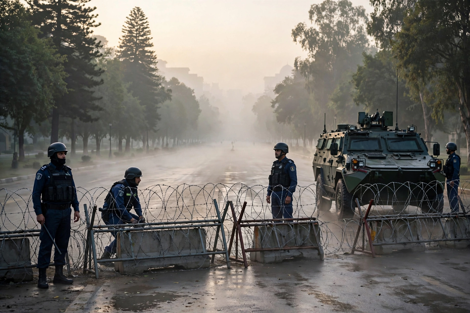 Police personnel and armoured vehicles stationed on a road leading to Islamabad's Red Zone as the federal capital is placed on high alert in October 2026