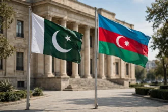 Flags of Pakistan and Azerbaijan side by side during the October 2026 Shehbaz Sharif and Ilham Aliyev phone call on deepening bilateral ties