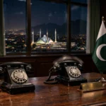 Two telephones ringing on a desk beside the Pakistani flag in a dimly lit office at night, as Foreign Minister Ishaq Dar calls his counterparts in Turkiye and Egypt ahead of the OIC Council of Ministers meeting in Iraq