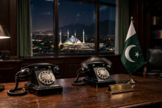 Two telephones ringing on a desk beside the Pakistani flag in a dimly lit office at night, as Foreign Minister Ishaq Dar calls his counterparts in Turkiye and Egypt ahead of the OIC Council of Ministers meeting in Iraq