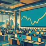 An editorial illustration of a stock trading floor with brokers at monitors and a large rising stock-market chart on a screen after a dip, October 2026
