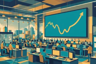 An editorial illustration of a stock trading floor with brokers at monitors and a large rising stock-market chart on a screen after a dip, October 2026