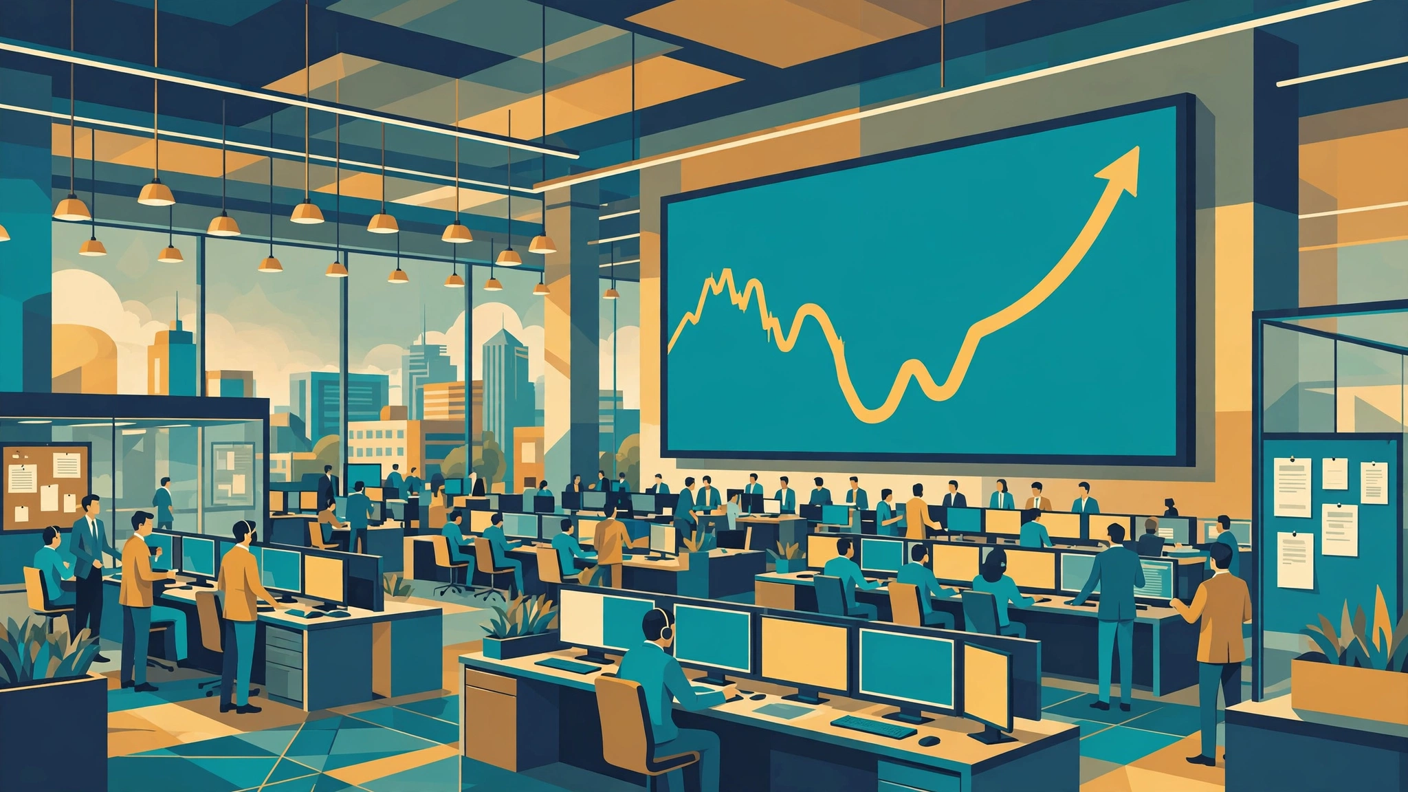 An editorial illustration of a stock trading floor with brokers at monitors and a large rising stock-market chart on a screen after a dip, October 2026