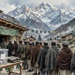 Voters queuing outside a stone polling station in a Gilgit-Baltistan mountain town with snow-capped Karakoram peaks behind as the region heads for its first local government elections in 22 years