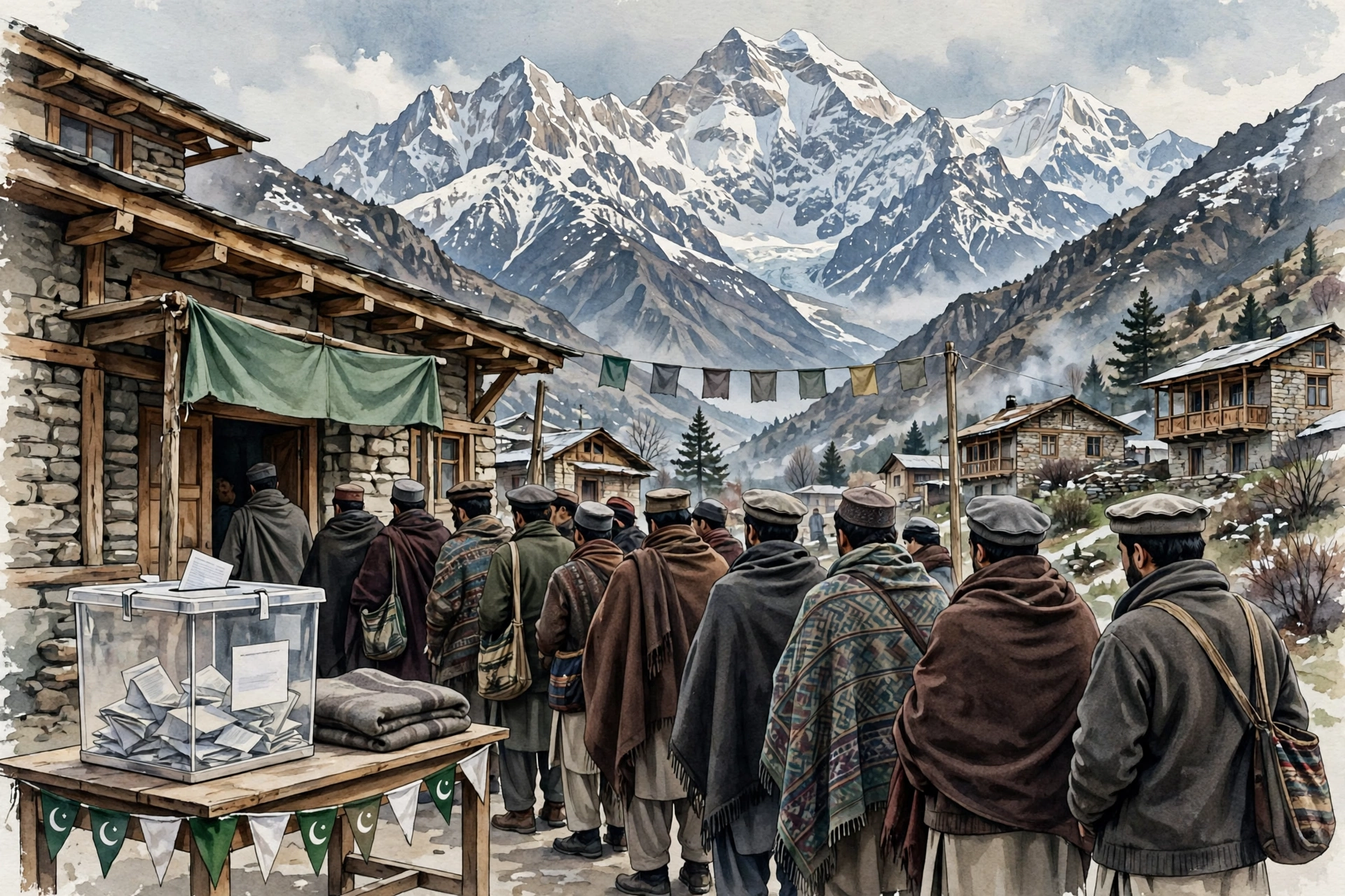 Voters queuing outside a stone polling station in a Gilgit-Baltistan mountain town with snow-capped Karakoram peaks behind as the region heads for its first local government elections in 22 years
