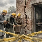 An editorial illustration of officials inspecting cracks in a brick school building wall behind yellow caution tape, with empty classroom desks visible, during the structural safety audit in Peshawar, October 2026