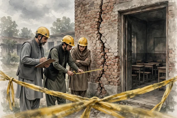 An editorial illustration of officials inspecting cracks in a brick school building wall behind yellow caution tape, with empty classroom desks visible, during the structural safety audit in Peshawar, October 2026