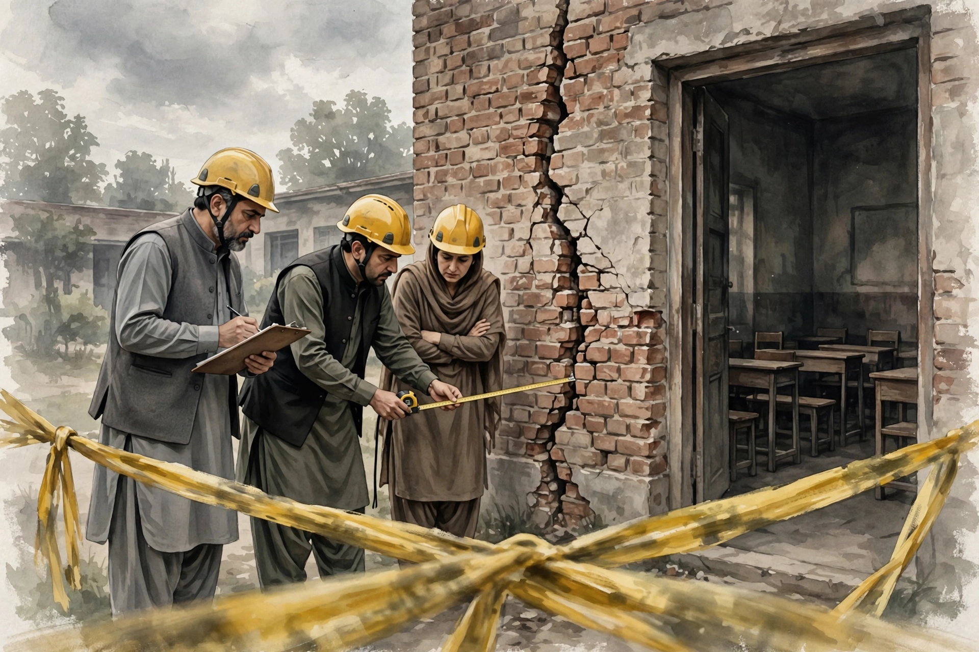 An editorial illustration of officials inspecting cracks in a brick school building wall behind yellow caution tape, with empty classroom desks visible, during the structural safety audit in Peshawar, October 2026