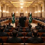A judge in a black robe taking an oath with a raised hand in the Supreme Court of Pakistan's ceremonial court hall in Islamabad, flanked by Pakistani flags, as Justice Munib Akhtar is sworn in as acting Chief Justice in October 2026.