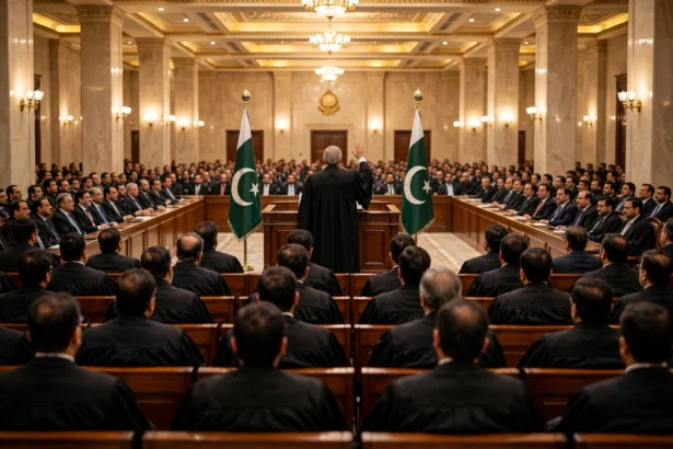 A judge in a black robe taking an oath with a raised hand in the Supreme Court of Pakistan's ceremonial court hall in Islamabad, flanked by Pakistani flags, as Justice Munib Akhtar is sworn in as acting Chief Justice in October 2026.