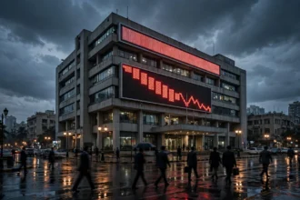 The Pakistan Stock Exchange building in Karachi at dusk with a glowing red descending chart on its facade as the KSE-100 sheds 1,965 points amid political uncertainty in October 2026