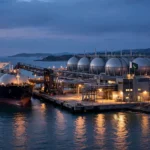 An editorial illustration of an LNG carrier ship unloading at a coastal regasification terminal at dusk, with spherical storage tanks, pipeline infrastructure and the Pakistani flag, October 2026