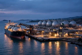 An editorial illustration of an LNG carrier ship unloading at a coastal regasification terminal at dusk, with spherical storage tanks, pipeline infrastructure and the Pakistani flag, October 2026