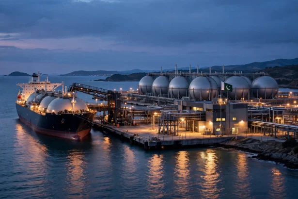 An editorial illustration of an LNG carrier ship unloading at a coastal regasification terminal at dusk, with spherical storage tanks, pipeline infrastructure and the Pakistani flag, October 2026