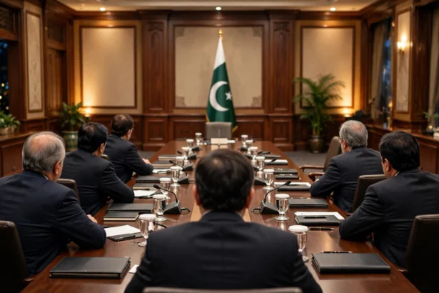 A high-level federal government committee meeting in Islamabad with the Pakistani flag as Prime Minister Shehbaz Sharif forms an 11-member committee led by Ishaq Dar to monitor KP affairs in October 2026