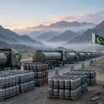 An editorial illustration of LPG gas cylinders and tanker trucks queued at a Pakistan-Iran border crossing at dawn, with mountains in the background and the Pakistani flag, October 2026